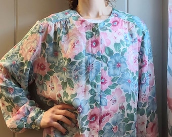 Vintage 80s 90s Pink Blue Green Floral Chiffon Blouse High Neck Long Sleeve Granny Chic Women's L 12