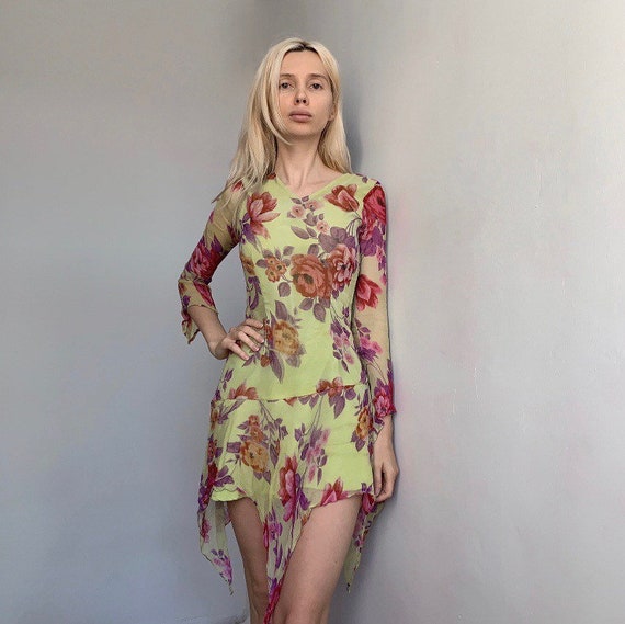 Summer vintage silk dress floral silk dress asymme