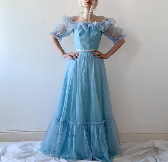 Vintage baby blue nylon prairie dress peasant dres