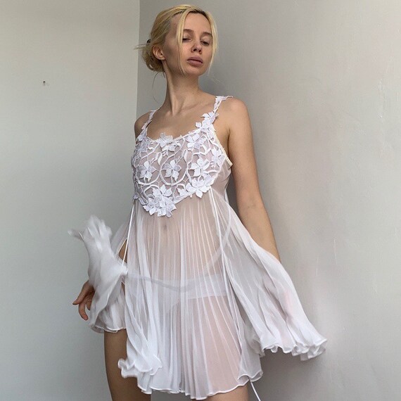 Vintage sheer pleated slip dress embroidered slip