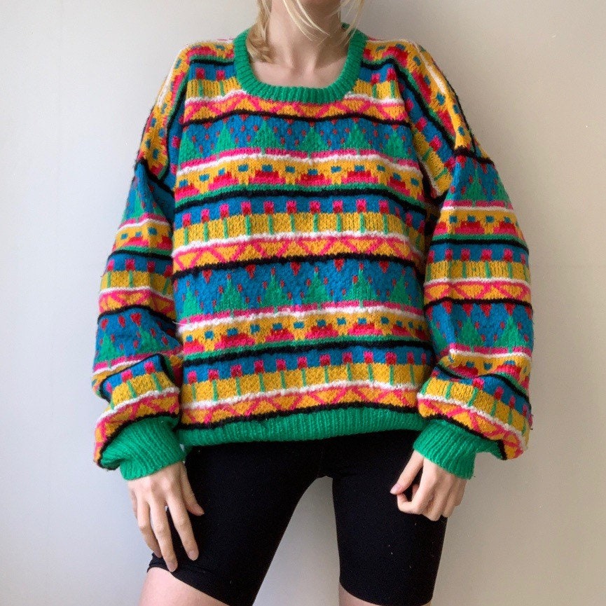 Vintage 90s Handmade Neon Knitted Jumper Wool Sweater Green Yellow