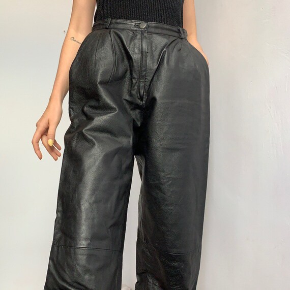 Wide leg tapered leg high waisted leather trousers