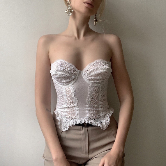 Vintage 80s 90s crochet embroidered corset top bus