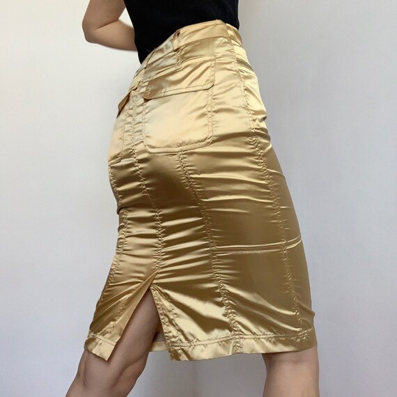 Gold satin 90s 80s medium high waisted ruched skir
