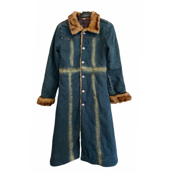 Vintage 90s early 2000 y2k denim coat with faux f… - image 1