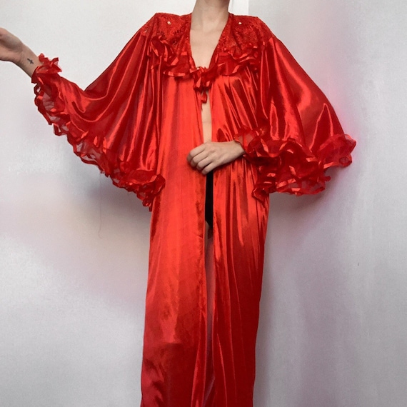 Red ruffled vintage night robe see through night d
