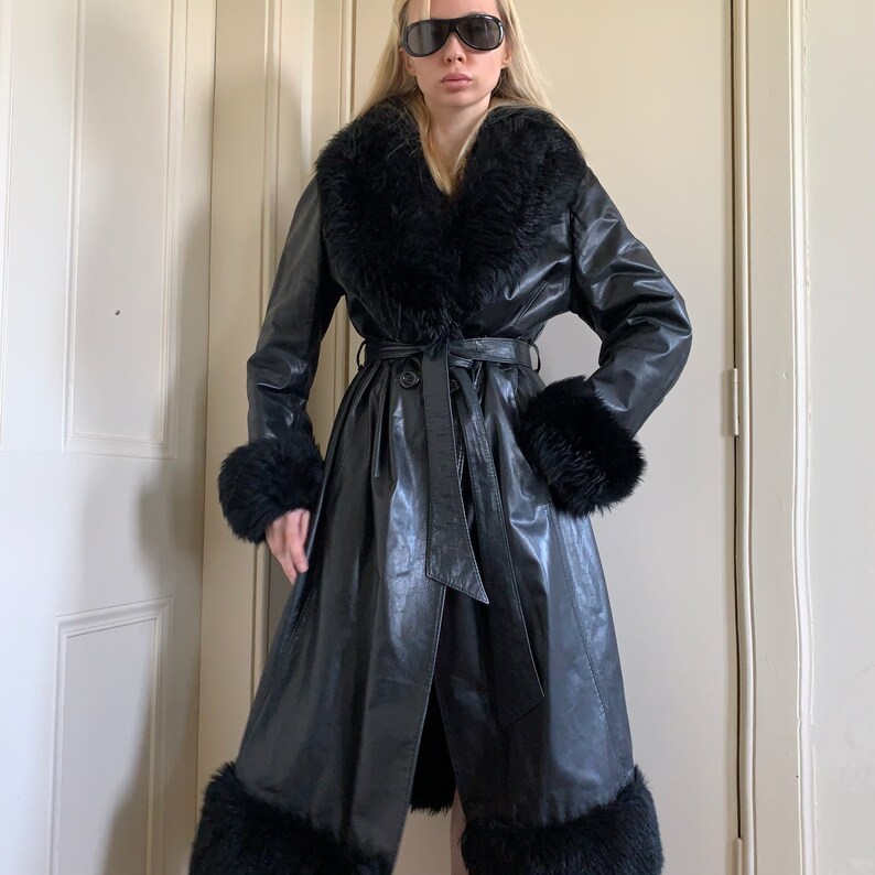 Vintage 90s leather coat Afghan coat penny lane black genuine black leather jacket belted leather coat 90s faux fur trims 