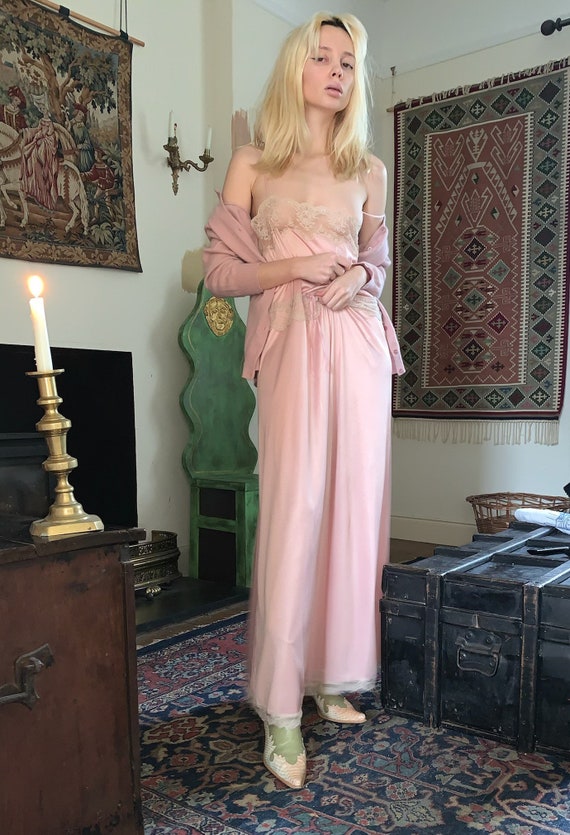 Vintage powder pink maxi slip dress lace pink slip