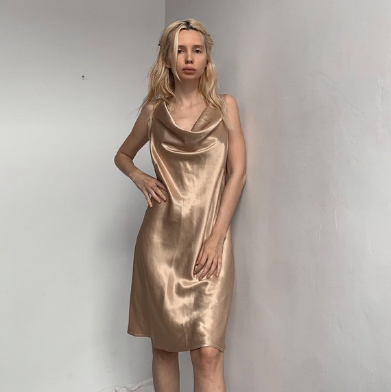 Gold liquid satin handmade 90s dress gold dress y2