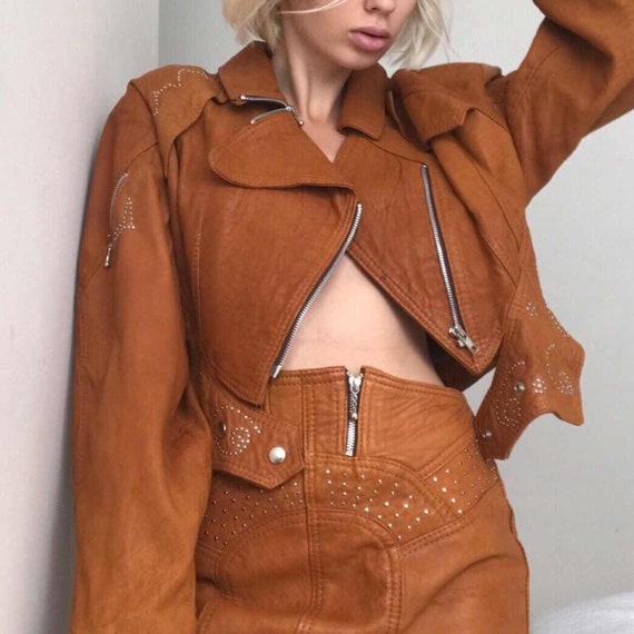 80s leather vintage set high waisted skirt and cro