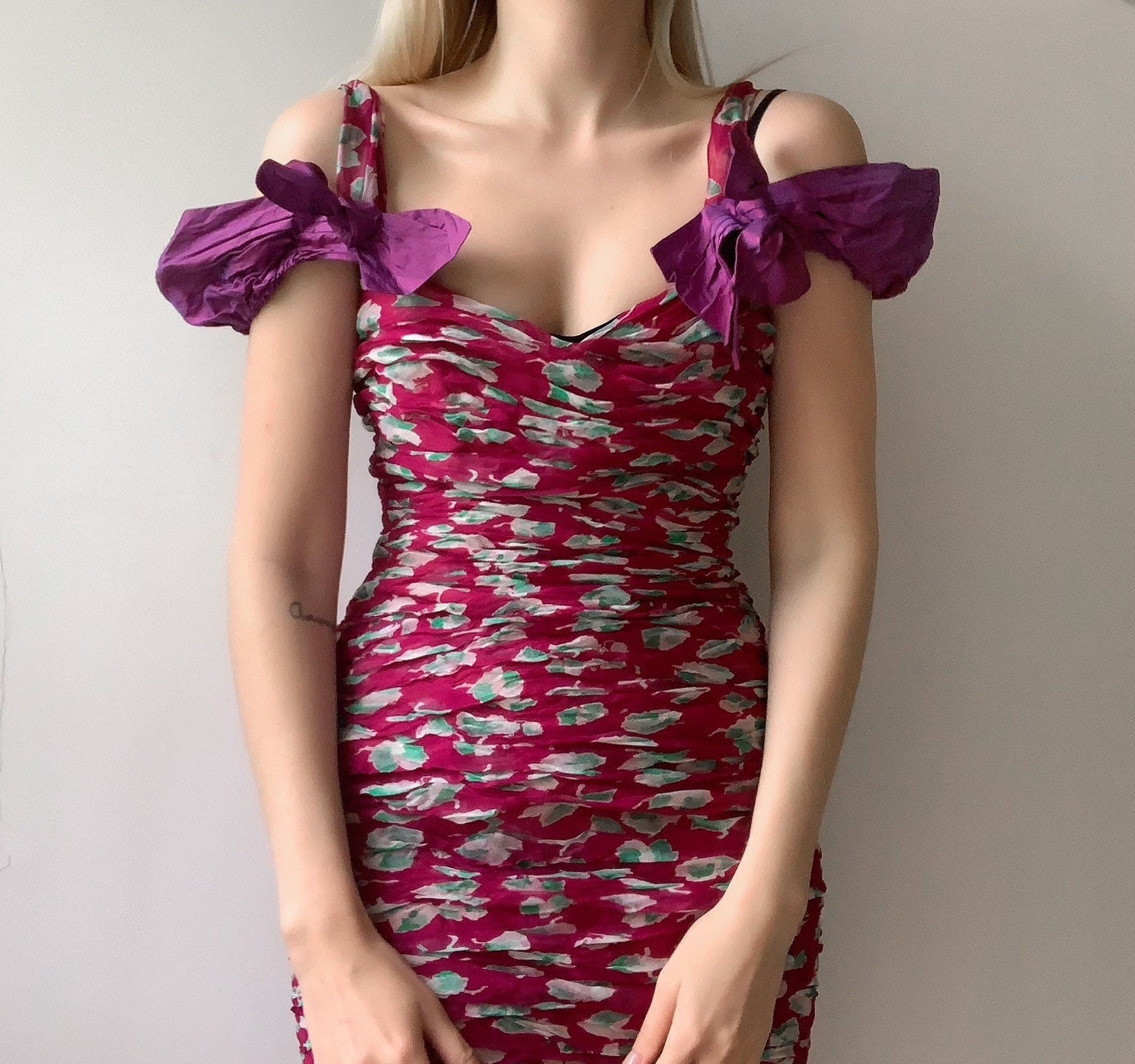 Louis Vuitton Purple Silk Ruched Ruffled Dress With Bow 