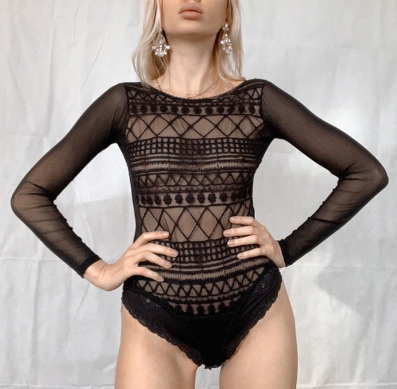 Vintage early 2000 bodysuit mesh bodysuit embroide