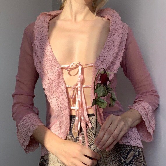 early 2000 90s pastel pink peasant top prairie blo