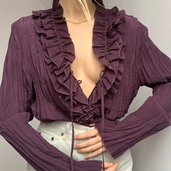 Purple pleated vintage peasant blouse ruffled shir