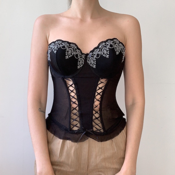 Vintage y2k boned corset embroidered black and whi