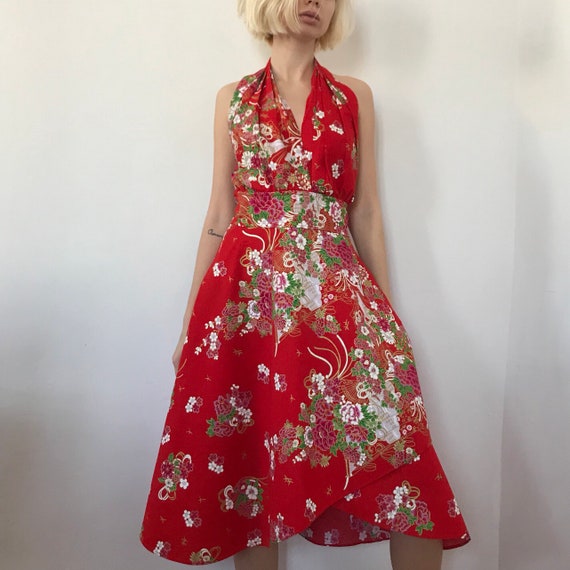 Red oriental sakura dress open back vintage dress
