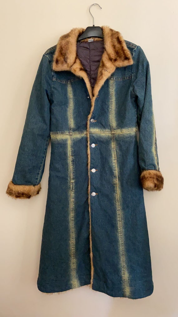 Vintage 90s early 2000 y2k denim coat with faux f… - image 2