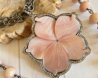 Pink carved mother of pearl flower necklace, Pink pendant, Pink diamond necklace, Light pink flower, Pearl flower, Mother of pearl pend