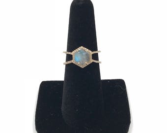 14k gold diamond labradorite ring, 14k gold ring, Labradorite ring, Pave diamond labradorite