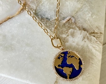 Ulka Rocks Exclusive 14k solid gold lapis diamond earth pendant | Gold world charm | Gold lapis lazuli | Diamond world pendant | Globe charm