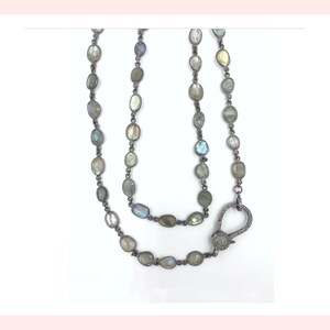 Long Labradorite Necklace: Sterling Silver Rosary Chain with Pave Diamond Clasp