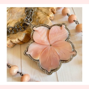 Carved Mother of Pearl Flower Necklace: Pink Agate Sterling Silver Chain