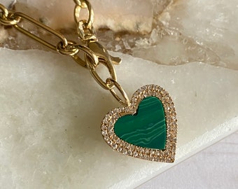 Ulka Rocks Exclusive 14k solid gold diamond malachite heart pendant | Heart charm | Gold heart | Diamond heart | Green diamond heart
