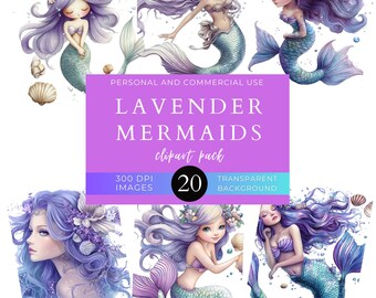 Lavender Mermaids Clip Art Pack | Invitations | Digital Download | Commercial Use | Mermaid Stickers, Scrapbooking & Ocean Fantasy | Crafts