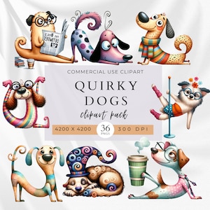 Paquete de imágenes prediseñadas de perros extravagantes, pegatinas para perros, perros divertidos y extravagantes, uso comercial, imágenes prediseñadas PNG, animales locos, invitaciones, manualidades