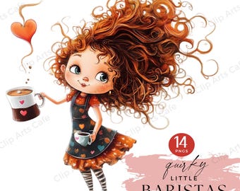 Quirky Little Barista Girls Clip Art Pack, PNGs, Girl Illustrations, Scrapbooks, Planners & DIY, Coffee, Girls, Coffee Clipart, Coffee Shop