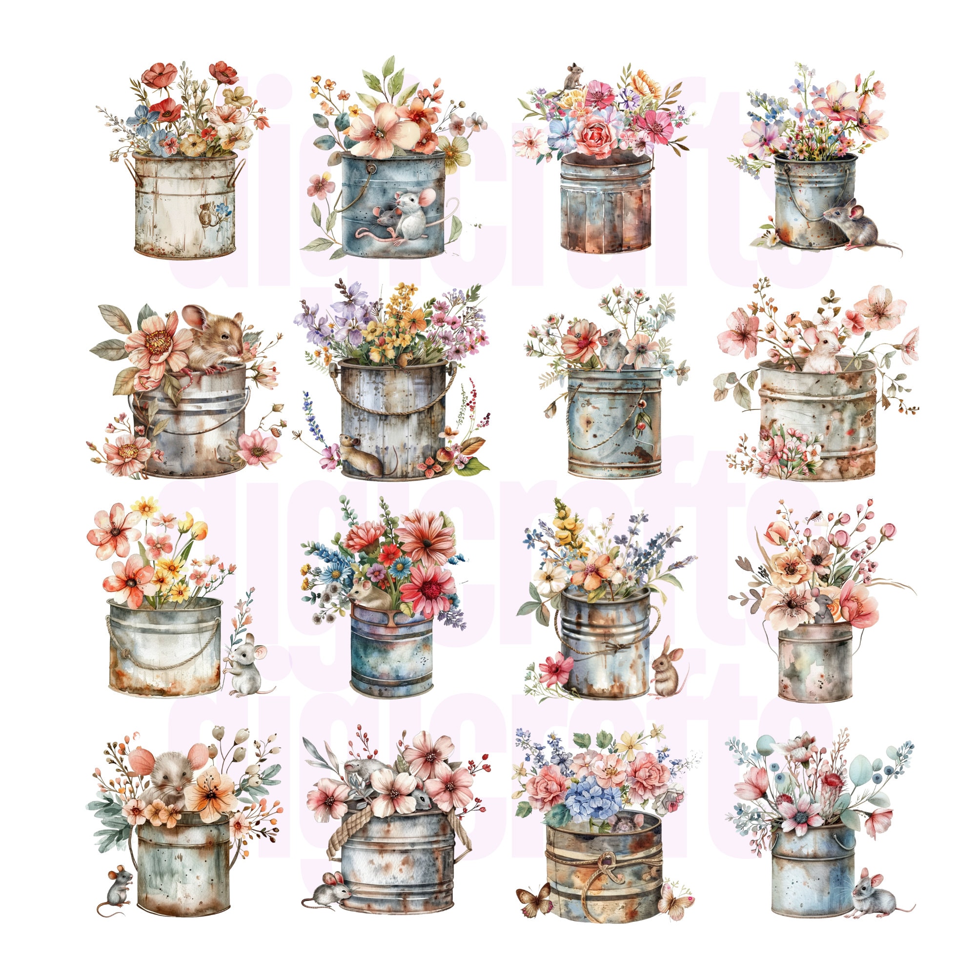 Rustic Floral Tin Can Clip Art Pack, Commercial Use, Rustic Tin Can ...