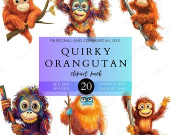 Quirky Orangutan Clipart: Funny Jungle Animals, PNG Stickers (Digital Download)