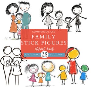 Family Stick Figures Clip Art Pack, PNG, Whimsical, Joyful Creations, Scrapbook, Invitations, Family Drawing, Quirky People, Illustration,