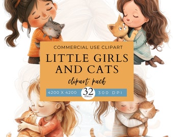 Little Girls with Cats Clip Art Pack, Commercial Use, cat graphics, girls illustration, pets, Wall Prints, Crafts, Invitations, scrapbook