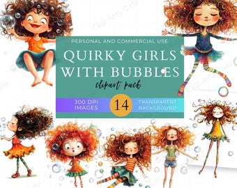 Quirky Little Girls Blowing Bubbles Clip Art Pack, Girl Illustrations, Scrapbooks, Planners & Crafts, Coffee, Girls, Clipart, Playful Girl