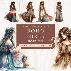 Pack de clipart filles bohèmes, usage commercial, graphisme féminin, oeuvre d'art pour chambre d'enfant, portrait, clipart fille, bohème, bohème, journal indésirable, travaux manuels en papier
