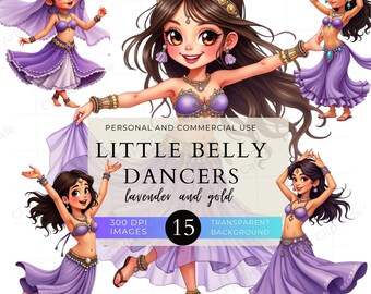 Little Belly Dancers in Lavender and Gold Clip Art Pack, Commercial Use, PNG Graphics, Dancer, Clipart, Party Invites, Crafts, Cards, Girls