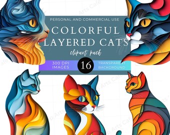 Colorful Cats Layered Clip Art Pack, Cat Stickers, Whimsical, Funny Cats, Commercial Use, PNG Clipart, Animals, Invitation, Crafts