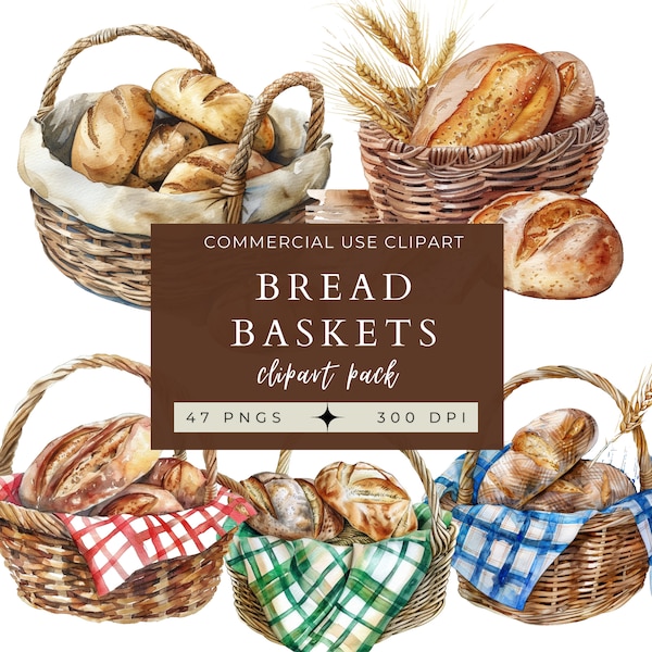 Bread Baskets Clip Art Pack, Commercial Use, Rustic, Culinary Graphics, Food Illustrations, Wall Prints, Crafts, Cooking, Bread Graphics