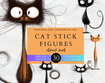 Quirky Cat Clip Art Pack, Cat Stickers, Whimsical, Funny Cats, Commercial Use, PNG Cliparts, Crazy Animals, Invitation, Crafts