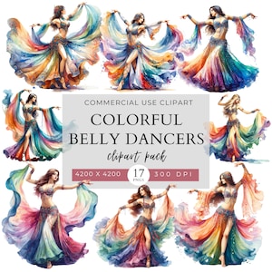 Belly Dancers in Colorful Costumes Clip Art Pack, Commercial Use, PNG Graphics, Dancer, Belly dance Clipart, Invitation, Crafts