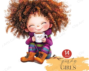 Quirky Girl with Chocolate Mug Clipart Pack | Whimsical Illustrations | Hot Cocoa, Planners, Scrapbooks, Commercial | Drinks | Little Girls