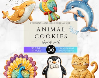 36 Animal-shaped Cookies Clip Art Pack, Commercial Use, PNG, Food Clipart, Party Invites, DIY Crafts, Cards, Invitation, Animal Graphics