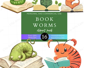 Bookworms Clip Art Pack | Commercial Use | Cute Worms in Books | Reading Clipart | Digital Download | PNG Stickers | Classroom | Scrapbook