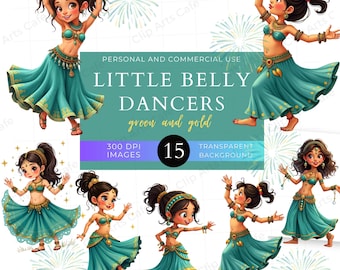 Little Belly Dancers in Green and Gold Clip Art Pack, Commercial Use, PNG Graphics, Dancer, Clipart, Party Invites, DIY Crafts, Cards, Girls