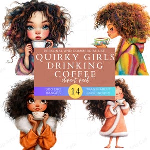 Quirky Girl Drinking Coffee Clip Art Pack, PNGs, Cute Morning Girl Illustrations, Scrapbooks, Planners & DIY Projects, Coffee, Girls, Woman