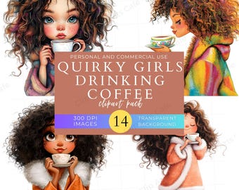 Quirky Girl Drinking Coffee Clip Art Pack, PNGs, Cute Morning Girl Illustrations, Scrapbooks, Planners & DIY Projects, Coffee, Girls, Woman