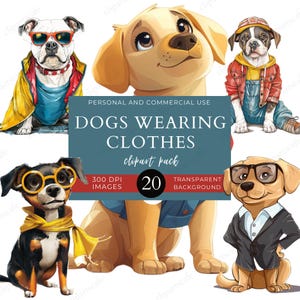 Paquete de imágenes prediseñadas de perros con ropa, pegatinas para perros, perros a la moda, divertidos, uso comercial, imágenes PNG, animales locos, invitaciones, manualidades