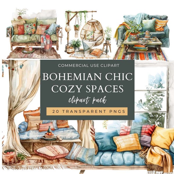 Bohemian Chic Cozy Spaces Clip Art Pack, Commercial Use, Wall Prints, Crafts, Invitations, Bohemian graphics, Boho Designs, Cozy interiors