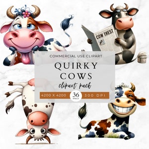 Paquete de imágenes prediseñadas de vacas peculiares, pegatinas de vacas, vacas divertidas y extravagantes, uso comercial, imágenes PNG, animales locos, invitaciones, manualidades